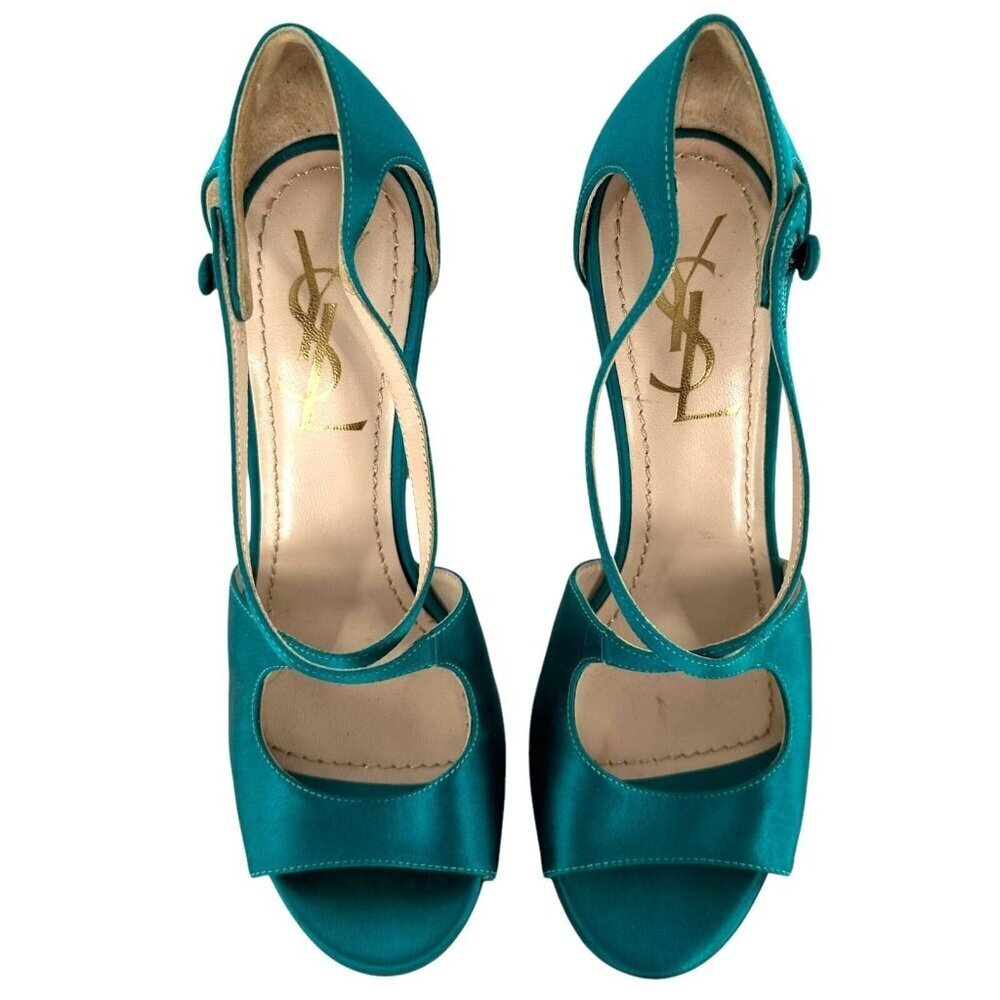 Saint Laurent Paris Turquoise Satin Tribute Cross Strap Platform Sandals Size 35 - Picture 7 of 11